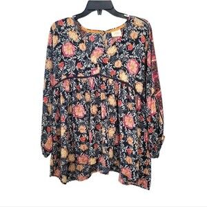 Knox Rose Navy Floral Boho Mixed Print Top Size 1X